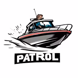a white motor boat with the name patrol written on it