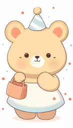 a brown bear holding a bag wearing a party hat