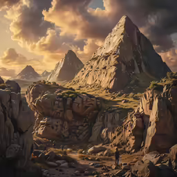 a mountain range covered in rocks and grass with two people walking away