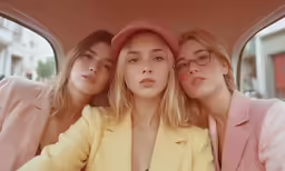 three beautiful young women wearing pink in a car