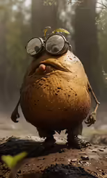 a little fat monster wearing goggles standing on a log
