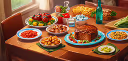 an indoor table set with several different plates of food,a bunch of food sitting on top of plates