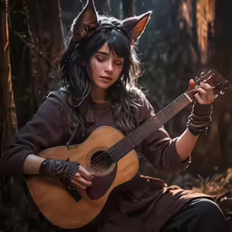 the girl is playing the guitar with the wolf ears
