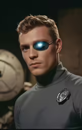 a man with some blue light around his eyes
