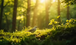 bird standing in a grassy forest with sun shining through the trees