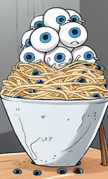 the bowl of noodles has eyes in it