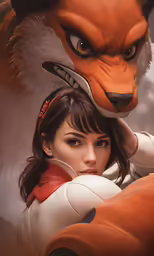 a woman that is standing next to a stuffed animal