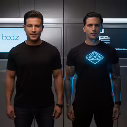two males in black t - shirts that have blue light designs on them