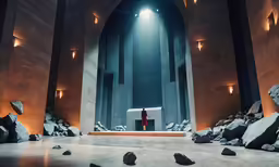 a large room with rocks and lights