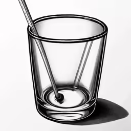 the penciled sketch shows a glass with two metal straws in it