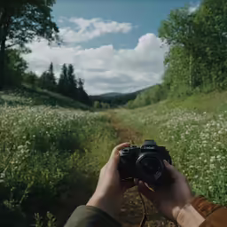 man holding camera near pathway in grassy field