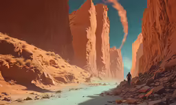 an artistic scene of man and a woman walking near a canyon