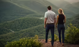man and woman are standing on a mountain top looking at the valley
