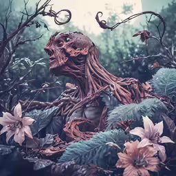 a drawing of a human head and flowers in a forest