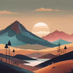 painting with mountains and lake under a sun - filled sky,a painting shows mountains, lakes and a river