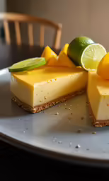 the plate has some cheesecake and slices of lime