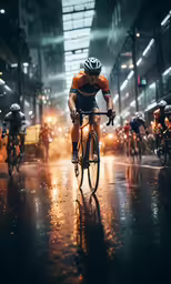 some people are riding their bikes in the rain