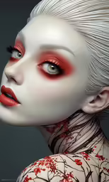 a female model with white hair and red makeup
