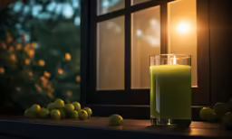 a close up of a glass and a candle with limes