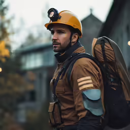 a man wearing a construction worker uniform carrying a backpack