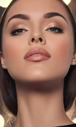 the model has her face painted gold and is looking down at the camera