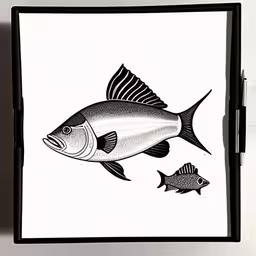the drawing shows two large fish and one small one,a fish with black spots next to a smaller fish,a drawing of a fish and another fish in a frame,an ink drawing of a fish and two smaller fish,a fish drawing is featured on the paper