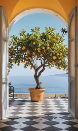 an orange tree in a pot on the outside of an archway