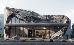 a concrete building with a stone mountain in the front