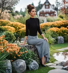 a woman sits in the grass near a field of flowers