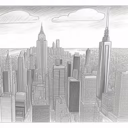 a drawing of new york with empire and chrysler building,a drawing of cityscapes with skyscrapers and clouds in the sky
