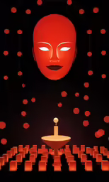 the face of a man stands at an intersection in front of rows of red chairs