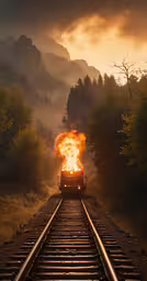 a train with flame is going down the track,a train with bright yellow and orange flames on it traveling along train tracks