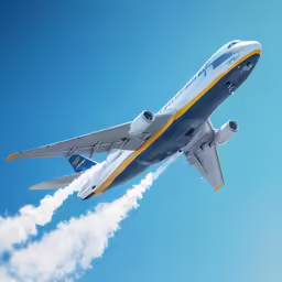 a blue and white jet flying through a clear sky