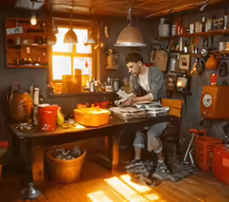 the man is sitting at the table in the kitchen