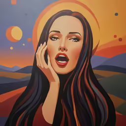 a painting with a woman wearing a yellow shirt and holding her hand up to the side of her face