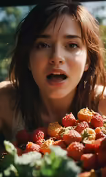 a woman in an orange bikini has her mouth open