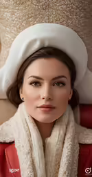a woman wearing a large white hat and scarf