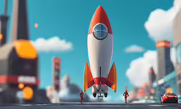 some toy people are standing near a model rocket
