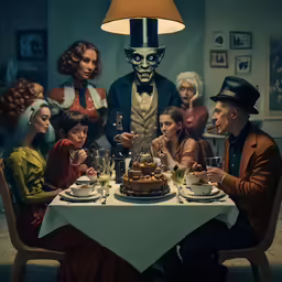 some people are gathered around a table with food