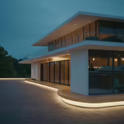 modern mansion with outdoor lighting on the patio