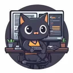 the character sitting in front of a computer screen is a cute little black cat