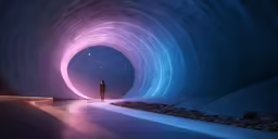 a woman walks through a tunnel with blue and pink light coming from the inside