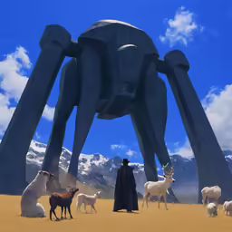a picture of a giant spider man and many sheep