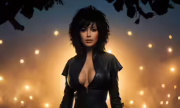 a woman with dark hair standing in front of lights