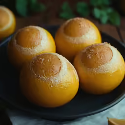 oranges on a plate with some sugar on them