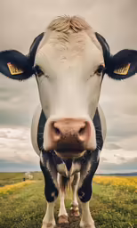 an adult cow standing on a lush green field