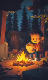 a drawing of a man sitting by a fire