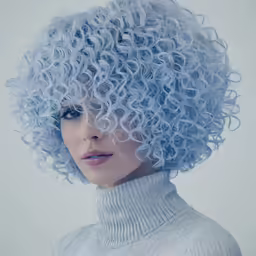 a woman with large curly blue hair on her head