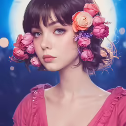 a girl with flowers in her hair looks into the camera