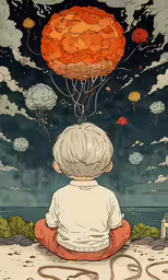 a boy sitting on a beach looking at balloons